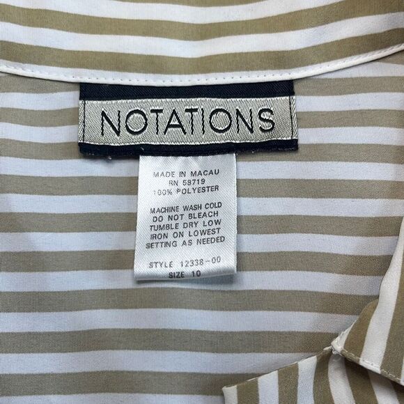 Notations Vtg 10 Tan White Stripe Button Down Silky Blouse Secretary Workwear - Picture 4 of 6
